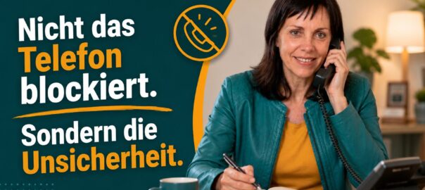 Beraterin telefoniert und macht Notizen: „Nicht das Telefon blockiert. Sondern die Unsicherheit.“